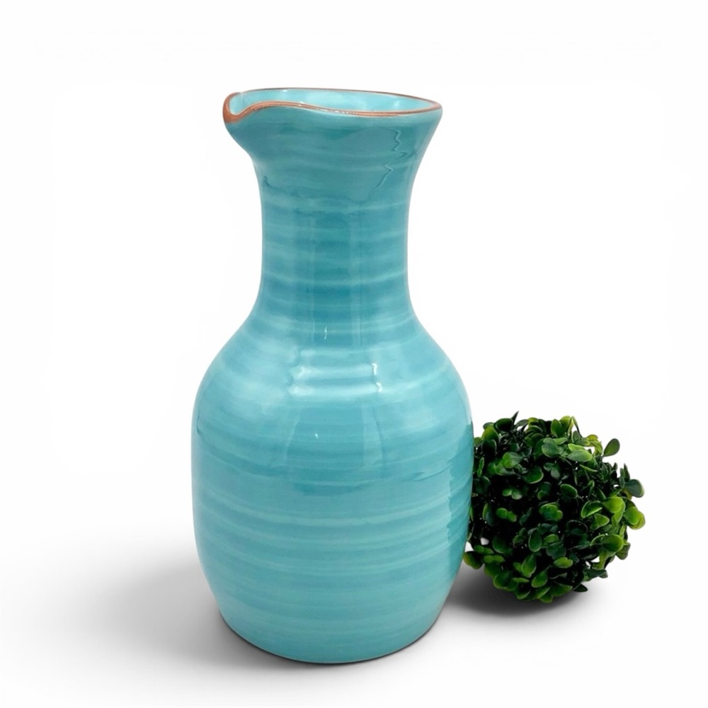Large Pottery Vase Decanter Pitcher Aqua Blue Glossy Glazed Terracotta Redware